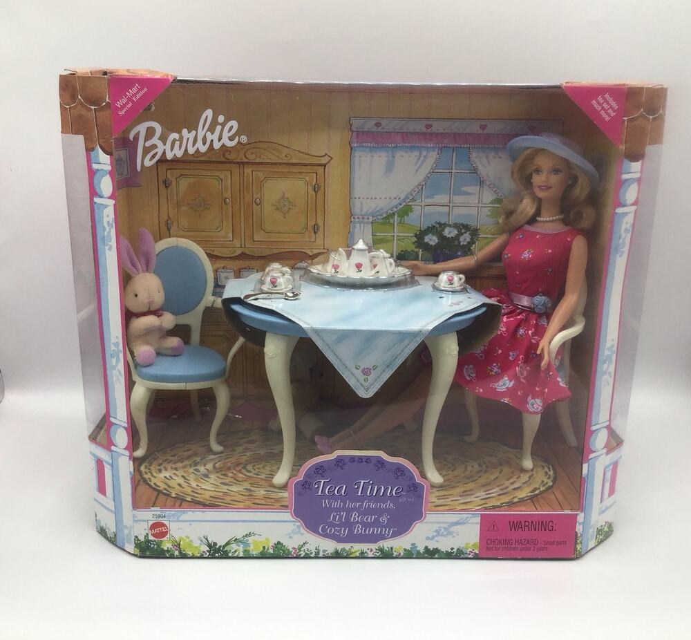 Vtg 1999 Barbie Tea Time Walmart Special Edition Doll Set LiL Bear Cozy Bunny